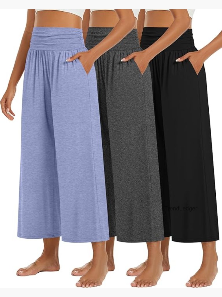 3 Pack Wide Leg Capri Pants High Waist Flowy Lounge Yoga Pockets